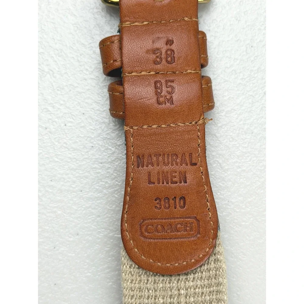 Coach 3810 Natural Linen and Leather Belt Mens 38 Tan Brown Brass Buckle